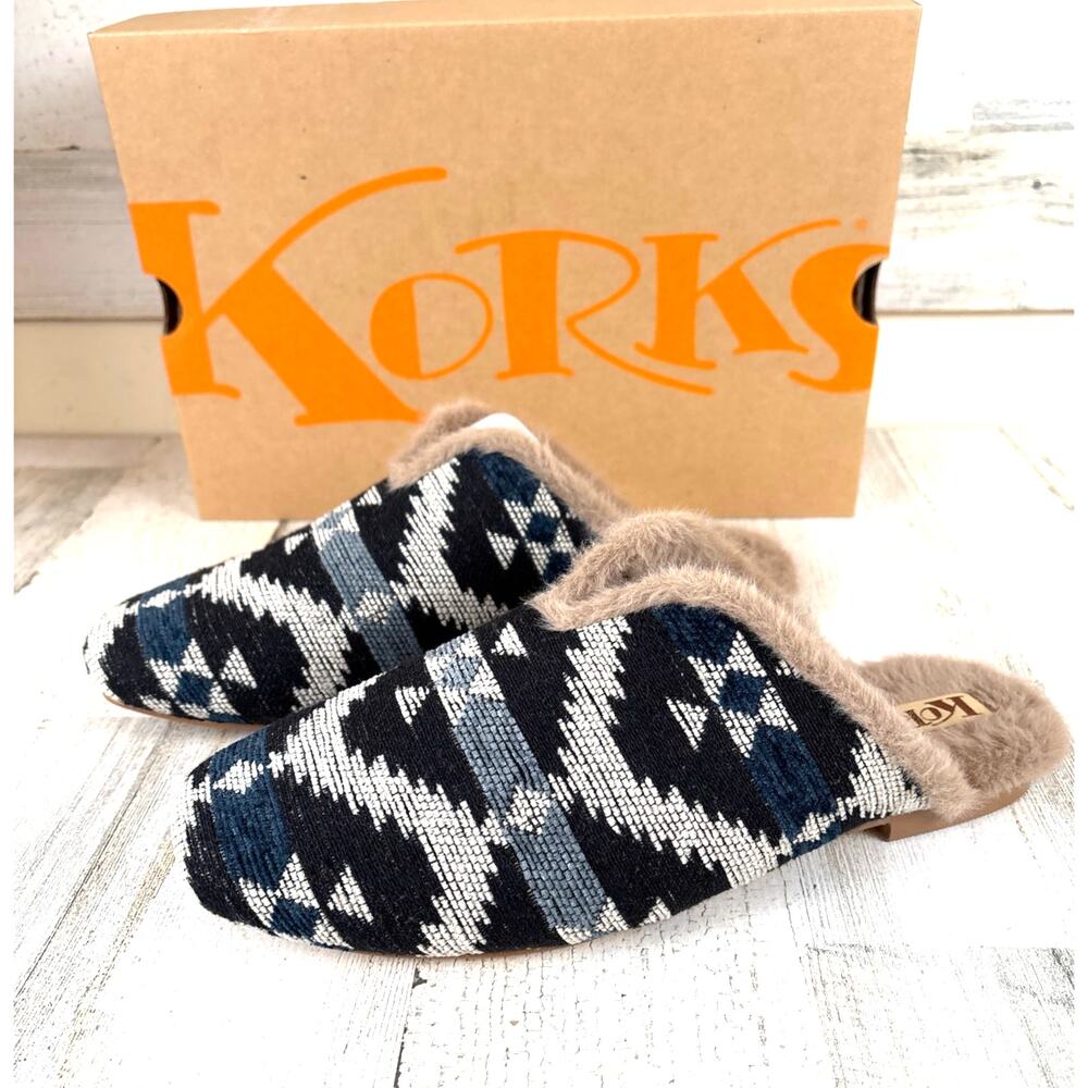 Korks by Kork Ease Womens 9 Blue Black Nile Faux Fur Mule Slippers NWT